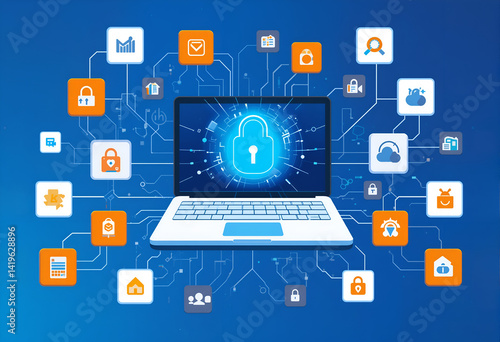 Wallpaper Mural Cybersecurity Concept with Central Laptop and Networked Security Icons Torontodigital.ca