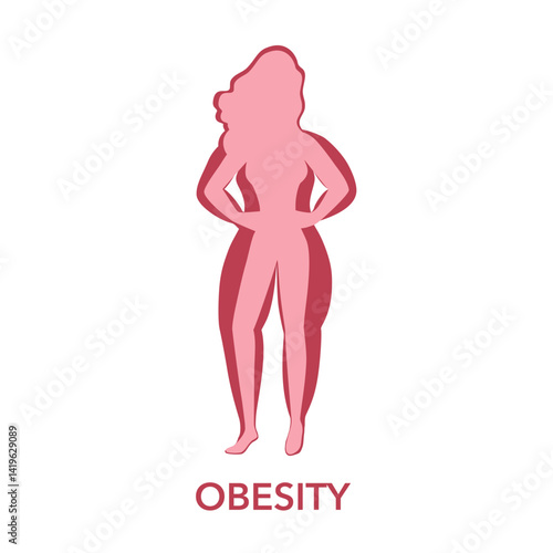 Obesity. Vector illustration with copy space. Poster with normal and obese person silhouette in paper style