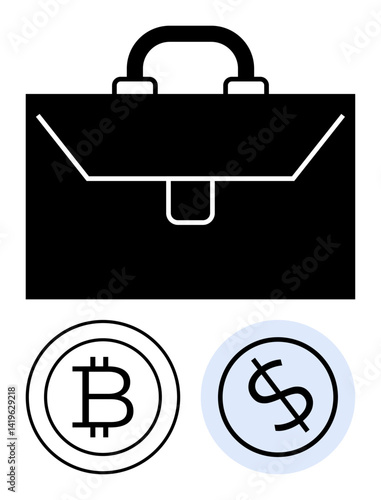 Black briefcase paired with bitcoin and dollar icons. Ideal for finance, cryptocurrency, investment, startups, e-commerce, wealth management, banking. Flat simple metaphor