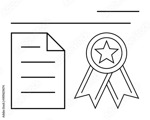 Document next to award ribbon with star represents accomplishment, certification, or quality assurance. Ideal for education, awards, certification, professional achievement, branding, quality
