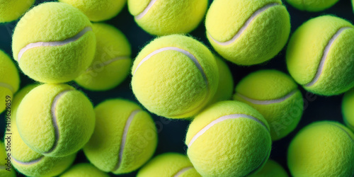 Texture background many bright new green tennis balls. Background for sport tennis center  