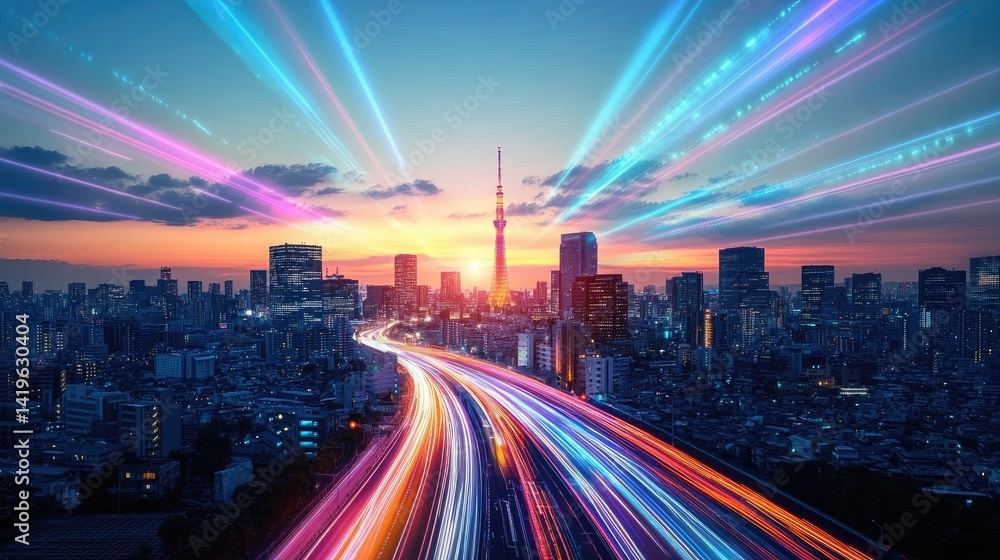 Fototapeta premium Dynamic Cityscape with Colorful Light Beams Symbolizing Fast Data Trans