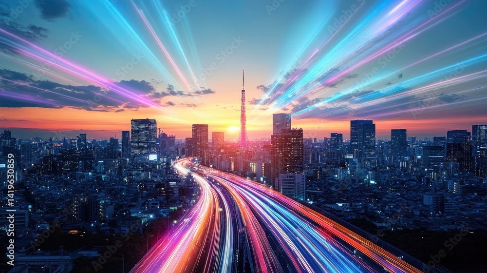 Dynamic Cityscape with Colorful Light Beams Symbolizing Fast Data Trans Dynamic Cityscape with Colorful Light Beams Symbolizing Fast Data Trans