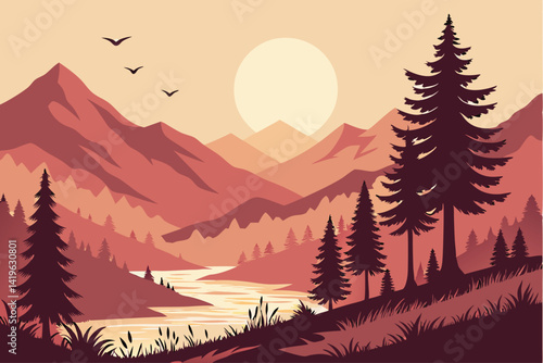 Peaceful Mountains Nature Landscape with River View and Sun at Sunset Sunrise.