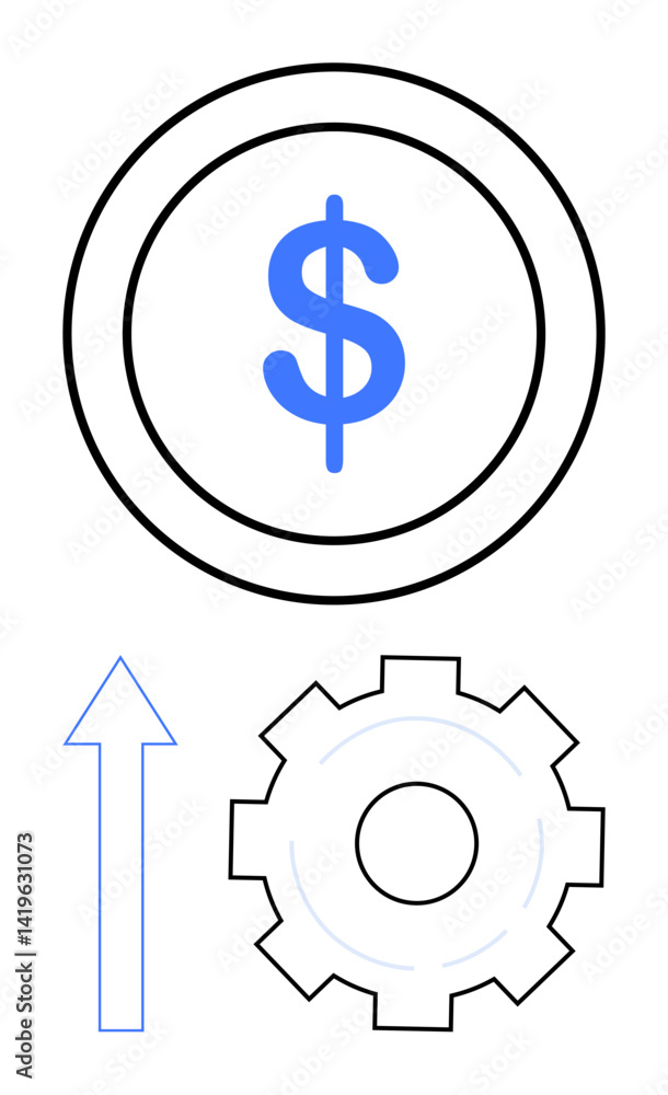 Dollar symbol in a circle, upward thin arrow pointing above, and gear. Ideal for business, finance, productivity, process improvement, growth, success strategies simple landing page Dollar symbol in a circle, upward thin arrow pointing above, and gear. Ideal for business, finance, productivity, process improvement, growth, success strategies simple landing page