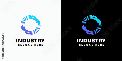 Technology industry gear shape vector logo design with modern, simple, clean and abstract style. Icon for business, industry, technology and personal branding.