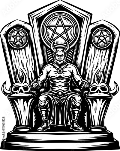 Cyberpunk demonic warriors design, SVG vector. Dark Fantasy Illustration of a Throne with a Mysterious Figure in Gothic Style