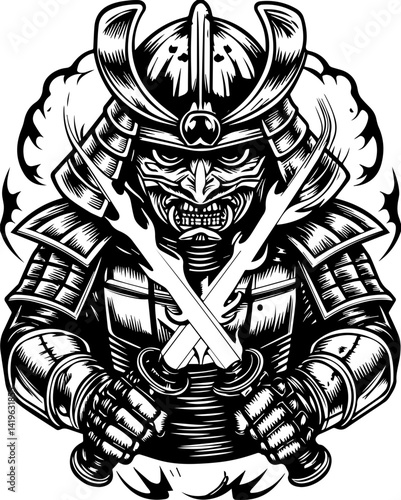 Cyberpunk demonic warriors design, SVG vector. Fierce Samurai Warrior with Swords and Intense Expression in Black and White