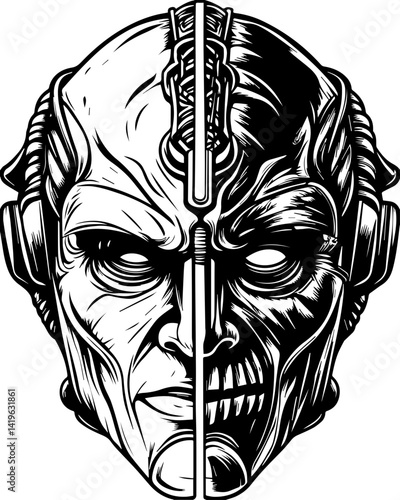 Cyberpunk demonic warriors design, SVG vector. Half Human Half Robot Face Illustration in Black and White Design