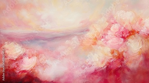 Soft, rosy landscape with blooming flowers.