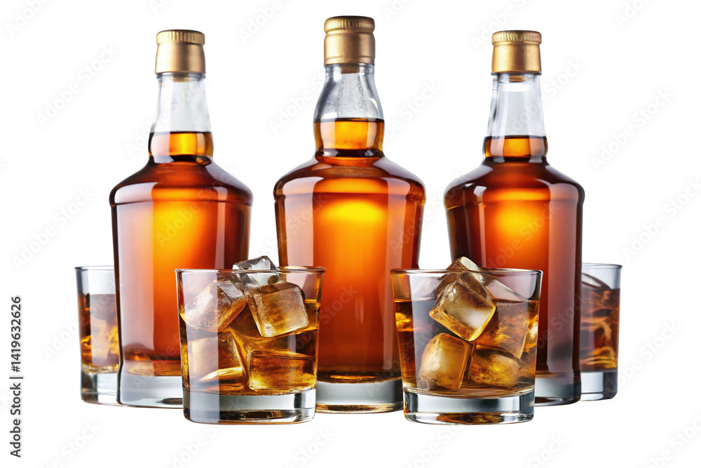 Elegant still life photograph of whiskey bottles and glasses with ice Elegant still life photograph of whiskey bottles and glasses with ice