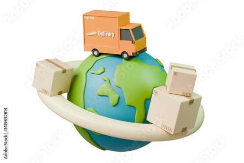 3d International Delivery icon. International package delivery concept, Global Tariff purchases transportation business, stack of cardboard boxes and Earth globe isolated on blue background. 3d render