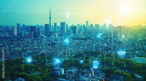 Wallpaper Mural  Cityscape with Green Spaces, Sustainable Buildings, and Digital Icons of Technological Innovation Torontodigital.ca