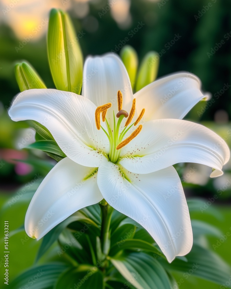 Obraz premium Top view white lily in full bloom with golden stamens, featuring white lily details with blurred background, white lily for natural floral design, white lily garden photo with blurred background