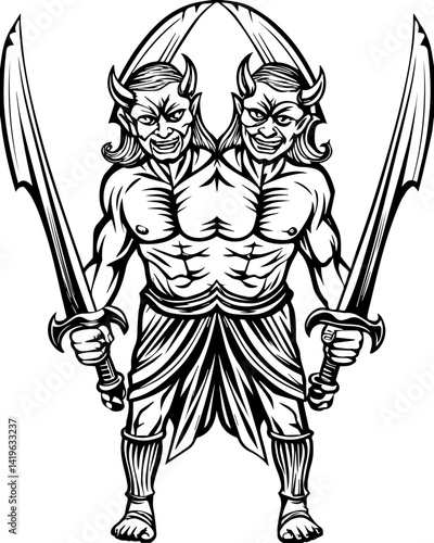 Cyberpunk demonic warriors design, SVG vector. Fearsome Dual-Wielding Mythical Warrior with Swords and Demon Features