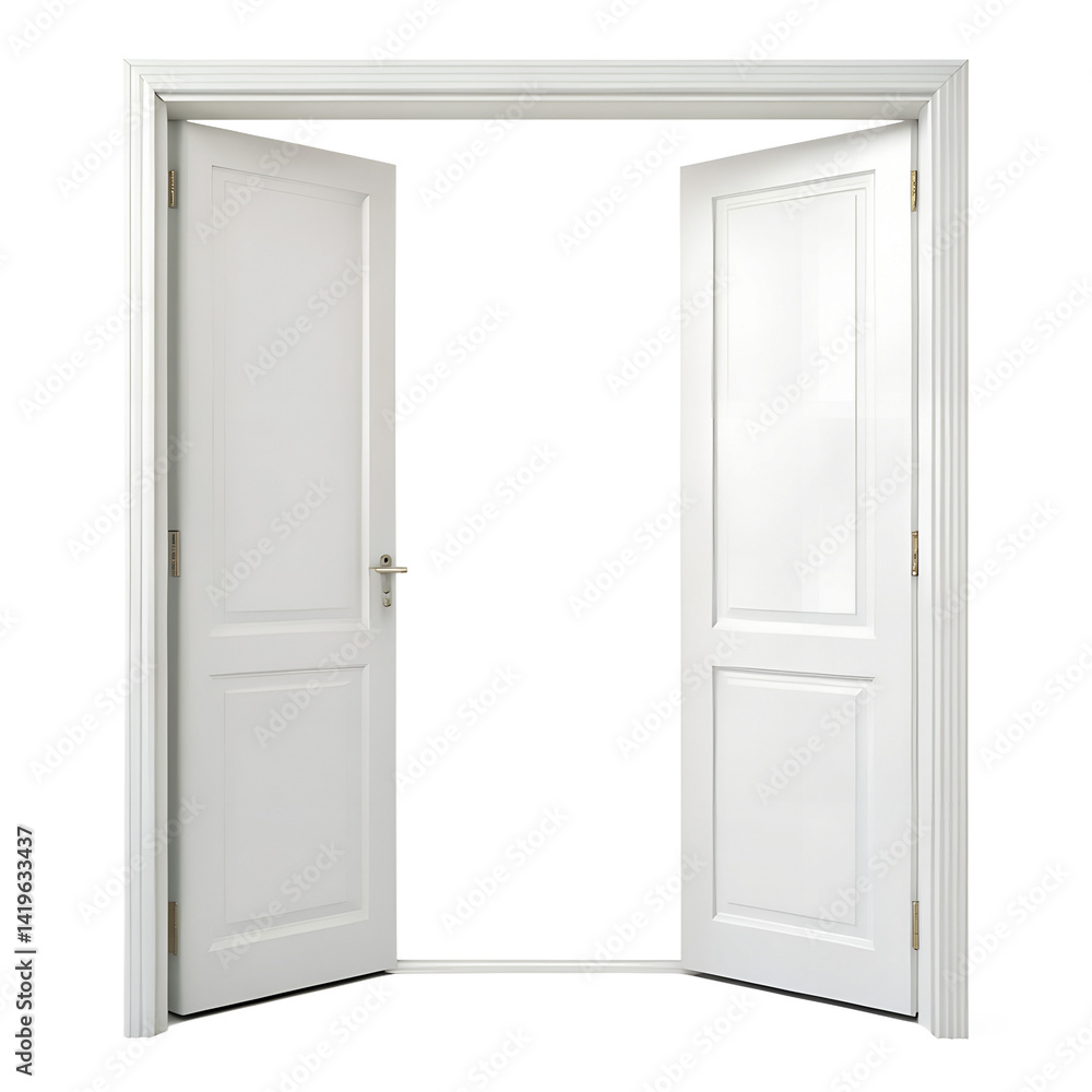 Open double doors in white finish with traditional panel design and frame Open double doors in white finish with traditional panel design and frame