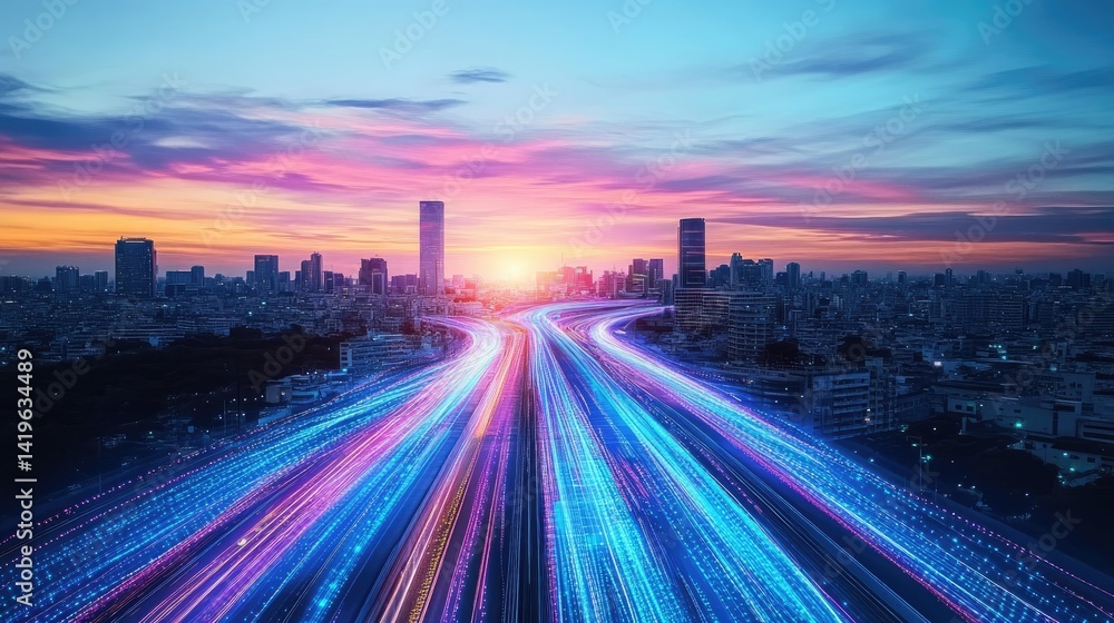 Fototapeta premium Wide-Angle City Skyline at Sunset with Vibrant Data Streaks and Abstract Internet Waves