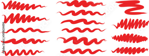 Red marker underline brush stroke set. Marker red pen highlights squiggle stroke. Vector swoosh brush handwritten underline set for accent, pencil emphasis element