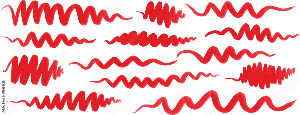 Red marker underline brush stroke set. Marker red pen highlights squiggle stroke. Vector swoosh brush handwritten underline set for accent, pencil emphasis element Red marker underline brush stroke set. Marker red pen highlights squiggle stroke. Vector swoosh brush handwritten underline set for accent, pencil emphasis element