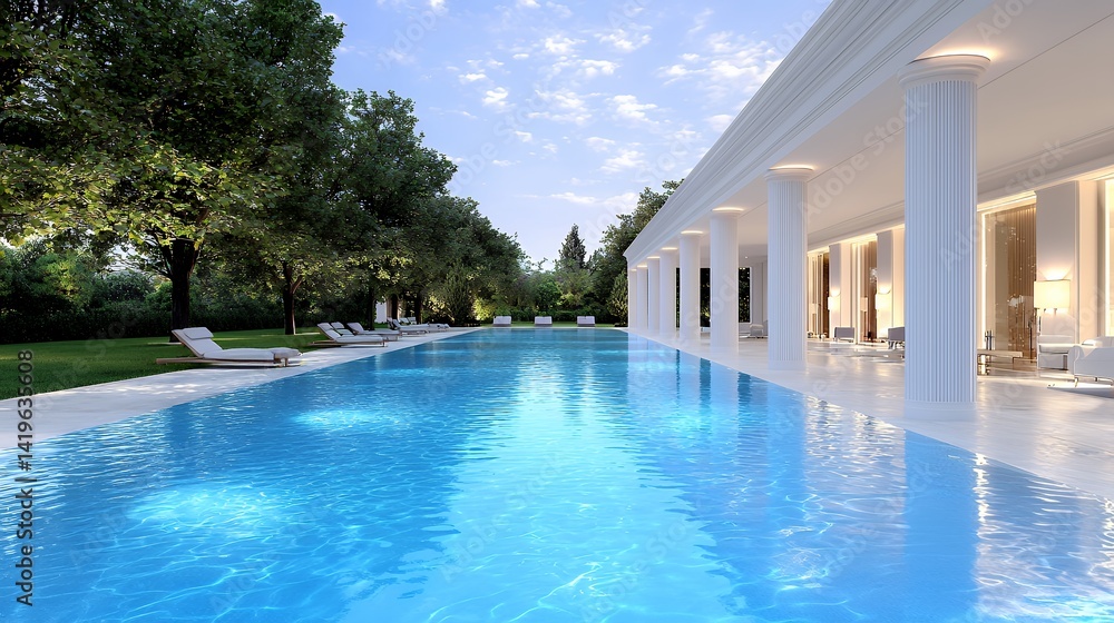 Fototapeta premium Opulent poolside estate architecture exterior