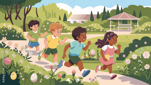 Illustration of children searching for hidden Easter eggs in blooming garden with flowers and small structures