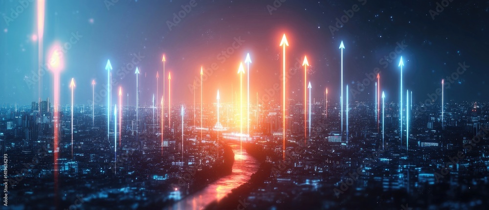 Fototapeta premium Futuristic Cityscape with Upward Digital Arrows Symbolizing Online Business Growth in Global E-commerce