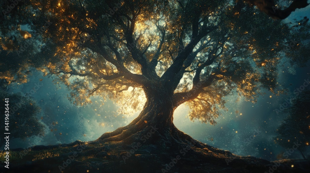 Ancient tree, glowing leaves, magical forest scene. Ancient tree, glowing leaves, magical forest scene.
