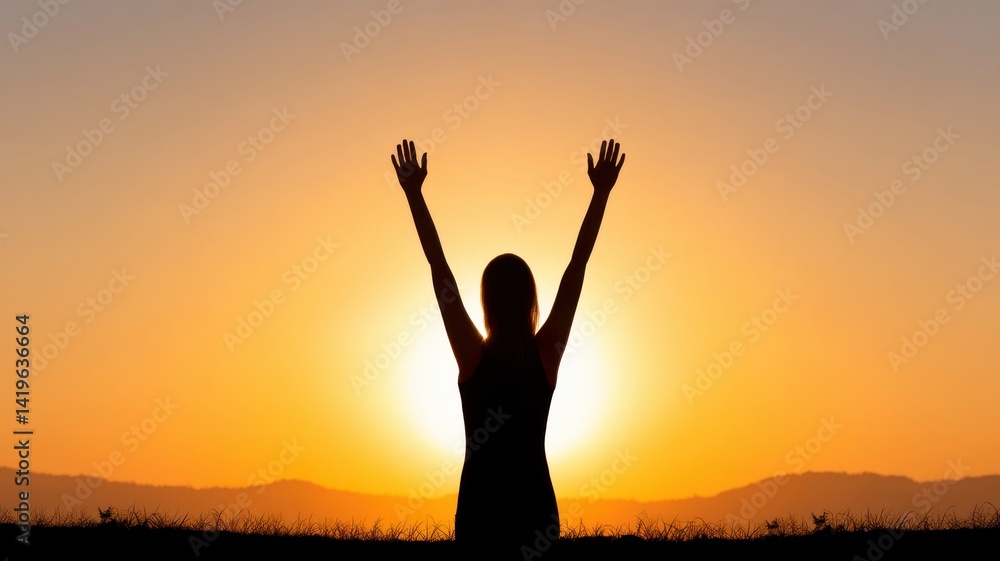Fototapeta premium Mother's day gratitude cozy. A silhouette of a person with raised arms against a glowing sunset, symbolizing freedom and joy in a serene landscape.