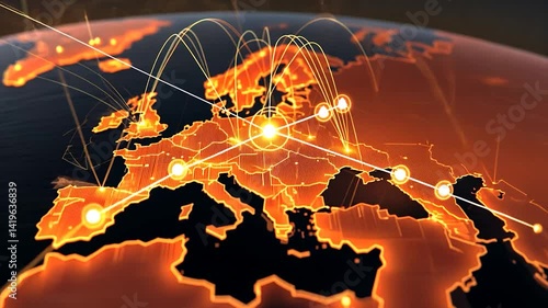 Globe with glowing networks over Europe, connecting cities