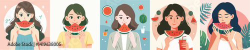 vector collection of women eating watermelon