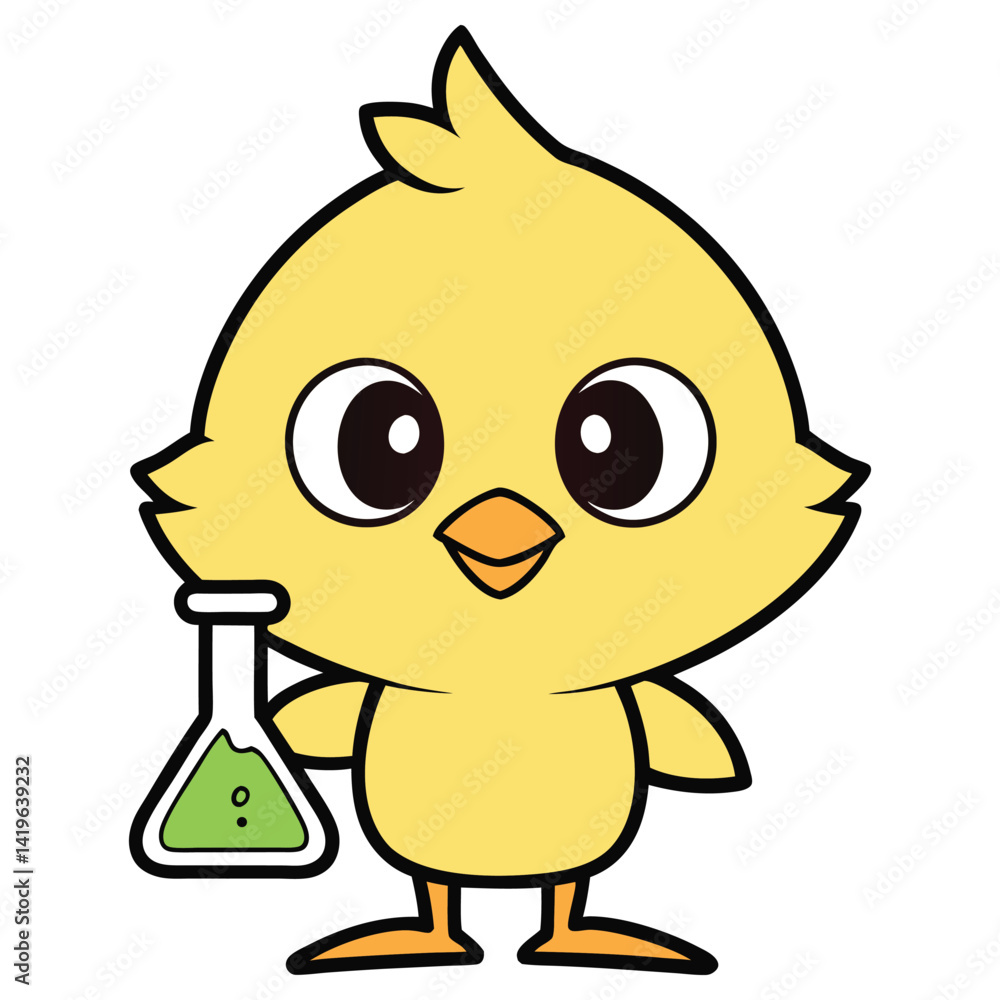 Obraz premium Cheerful Cartoon Chick Holds Beaker with Green Liquid Isolated on White