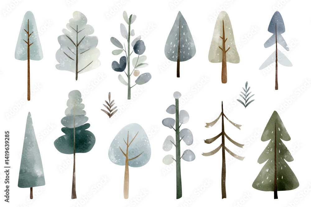 Obraz premium Set of watercolor winter trees. Cute fairy snowy trees. Wintertime nature. Hand drawn childlike illustration. Pines, firs