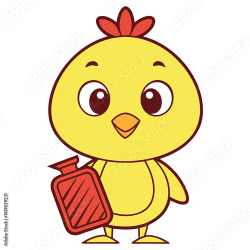 Cartoon Chick Holding a Hot Water Bottle on Transparent Background