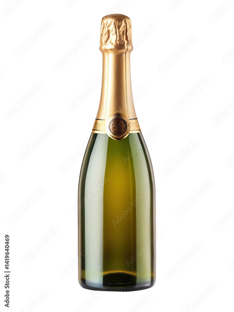 Elegant bottle of green sparkling wine with gold foil on a white background Elegant bottle of green sparkling wine with gold foil on a white background