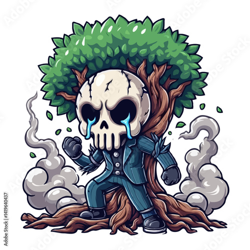 Sad Skull Character Crying Under a Tree