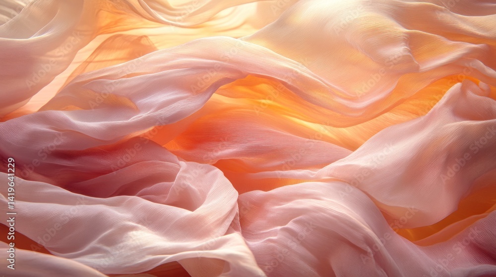 Fototapeta premium Soft, peachy-toned fabric drapes, illuminated.