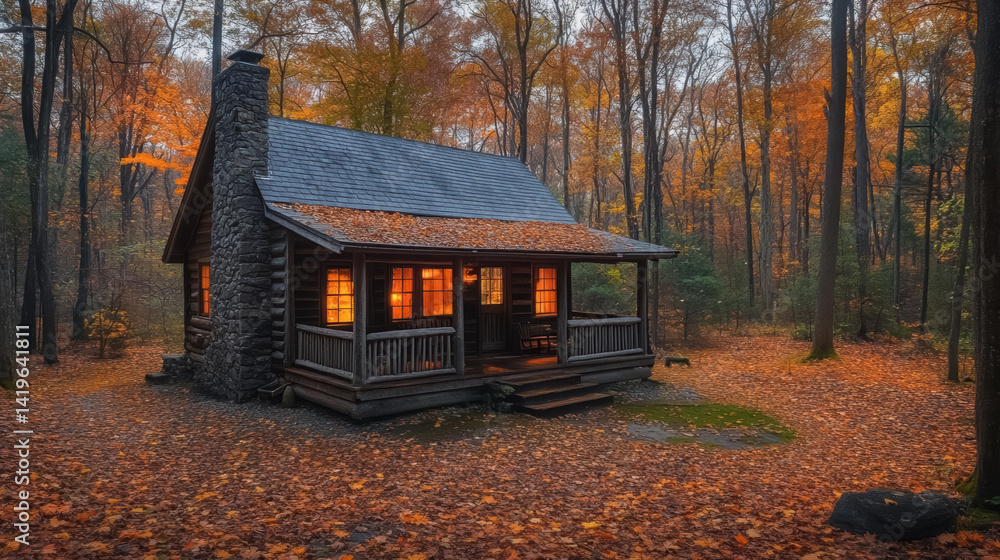 A cozy cabin in the woods surrounded by colorful autumn leaves