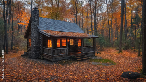 Obraz na płótnie A cozy cabin in the woods surrounded by colorful autumn leaves w salonie