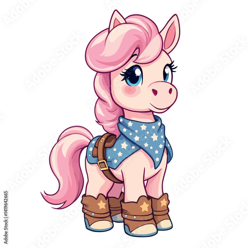 Vsai pink pony wearing cowboy clothes and boots standing up