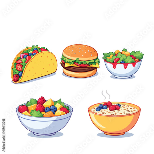 Vsai delicious food showing healthy and unhealthy options including taco, burger, salad and oatmeal