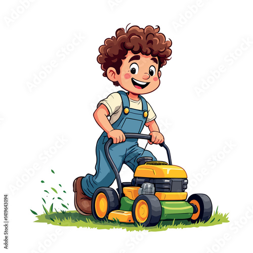 Vsai young gardener boy mowing the lawn with a powerful lawnmower