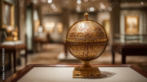 Ancient golden globe on velvet stand, evoking cultural heritage and exploration.