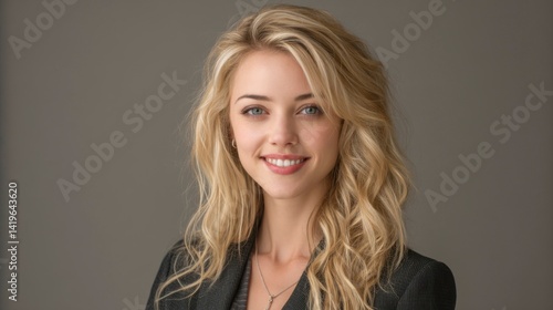Confident professional woman smiling in office, embodying success and approachability in corporate setting.