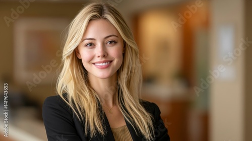 Confident professional woman smiling in office, embodying success and approachability in corporate setting.