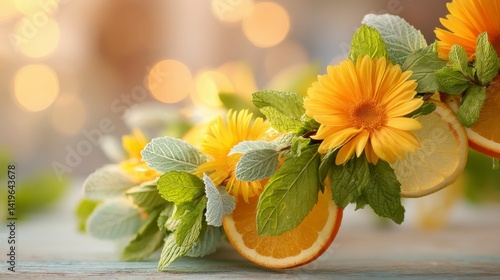 Glowing sunflower wreath with citrus slices and mint leaves, radiating vibrant summer energy and warmth.