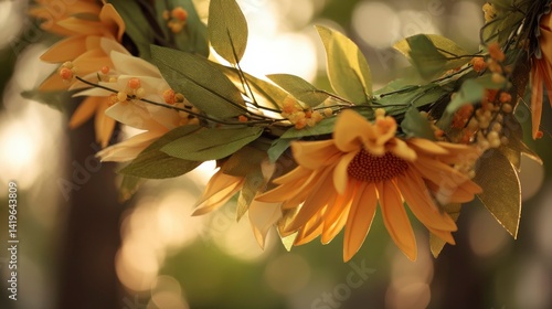 Golden sunflower wreath with fresh leaves, bathed in soft morning light. Radiant summer solstice serenity.