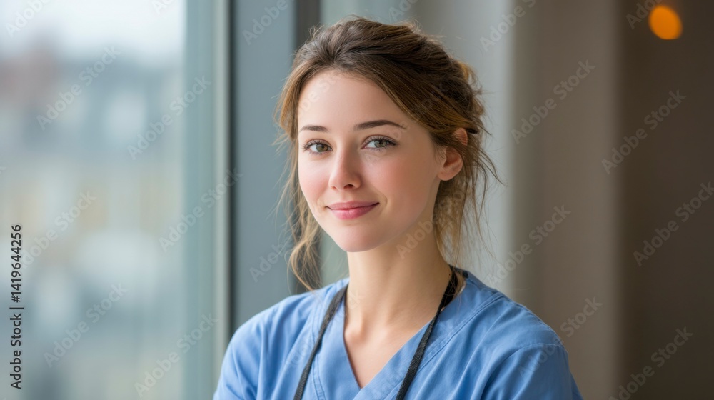 Young nurse smiling warmly, compassion in her eyes, embodying care and dedication in healthcare. Young nurse smiling warmly, compassion in her eyes, embodying care and dedication in healthcare.