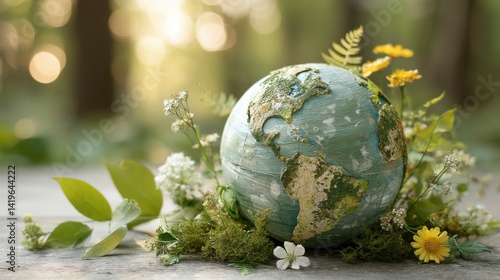 Handcrafted Earth globe embraced by leaves and wildflowers, symbolizing harmony with nature on World Environment Day.