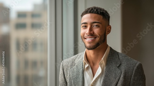 Young man smiling confidently in professional attire, conveying success and self-assurance in a modern workplace.