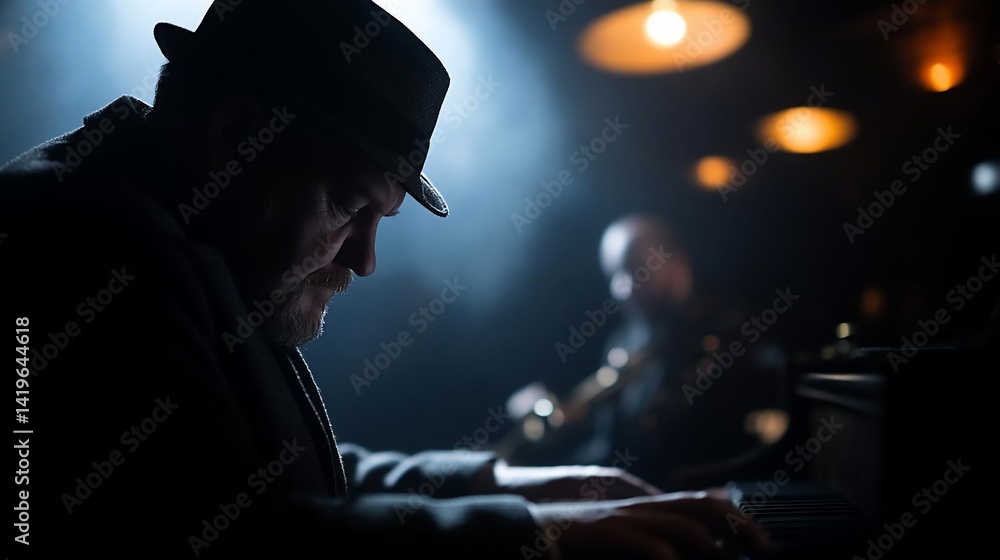 A pianist in silhouette performing in a dimly lit jazz club with another musician in the background illuminated by warm light A pianist in silhouette performing in a dimly lit jazz club with another musician in the background illuminated by warm light